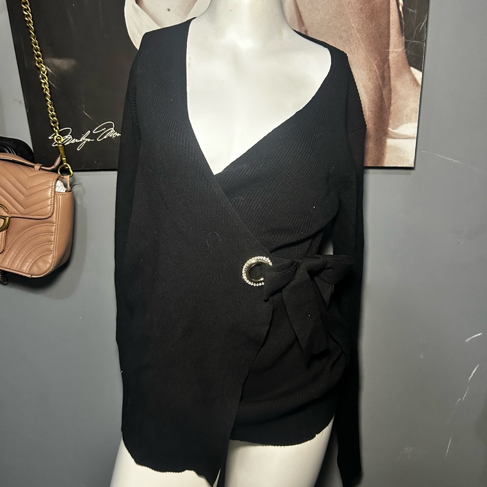 Black Wrap Sweater with Rhinestone Buckle
